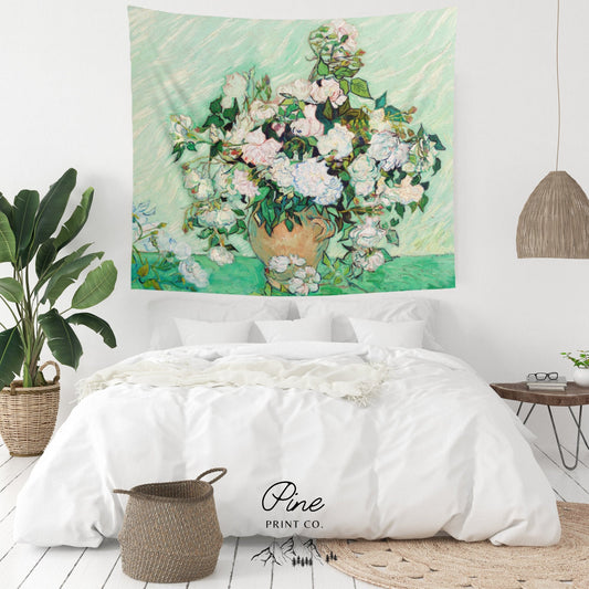 Vincent Van Gogh White Flower Painting Mint Green Wall Tapestry