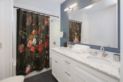 Black Shower Curtain, Black Bathroom, Flower Bathroom, Vintage Bathroom, Flower Shower Curtain, Art Shower Curtain, Bathroom Curtain