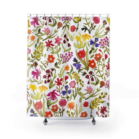 Boho Shower Curtain, Floral Bathroom, Watercolor Flower, Green Shower Curtain, Plant Shower Curtain, Floral Decor, Boho Bathroom