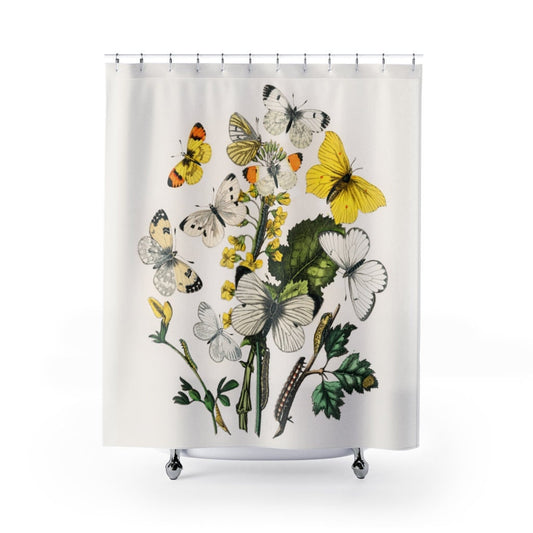 Yellow Shower Curtain, Moth Shower Curtain, Butterfly Decor, Moth Decor, Nature Shower Curtain, Botanical Art, Vintage Nature, Vintage Moth