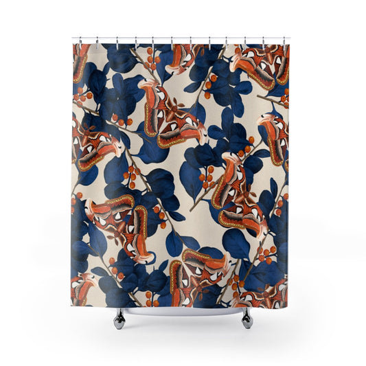 Moth Shower Curtain, Blue Shower Curtain, Nature Shower Curtain, Moth Decor, Cottagecore Decore, Moth Art, Plant Shower Curtain, Botanical