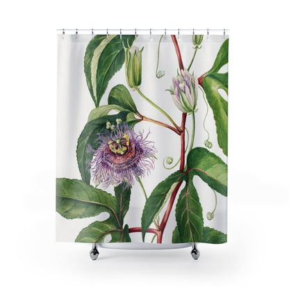 Floral Shower Curtain, Passion Flower, White Shower Curtain, Botanical Bathroom, Plant Shower Curtain, Vintage Botanical, Vintage Plant