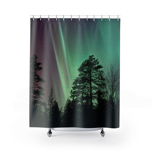 Northern Lights, Aurora Borealis, Nature Bathroom, Night Sky Shower Curtain, Forest Bathroom, Tree Shower Curtain, Green Shower Curtain