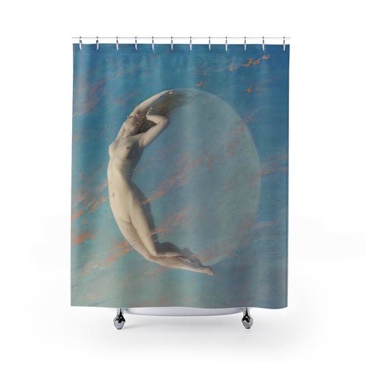 Moon Shower Curtain, Art Shower Curtain, Nude Woman, Woman Moon, Nude Shower Curtain, Blue Shower Curtain, Vintage Moon, Moon Decor
