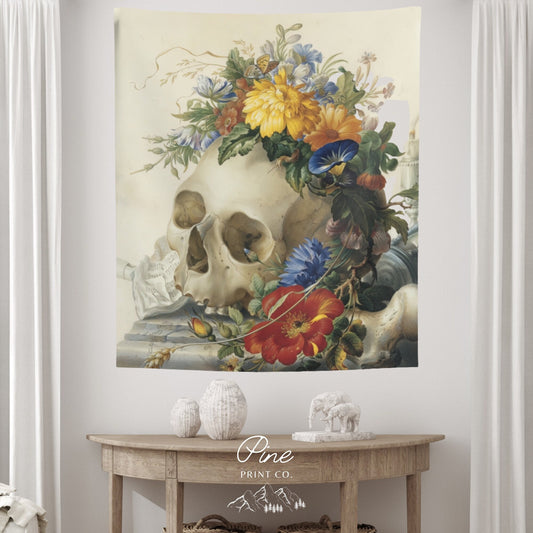 Vintage Floral Skull Painting Wall Tapestry