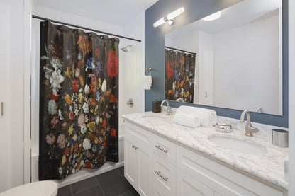 Black Shower Curtain, Black Bathroom, Flower Bathroom, Vintage Bathroom, Flower Shower Curtain, Art Shower Curtain, Bathroom Curtain