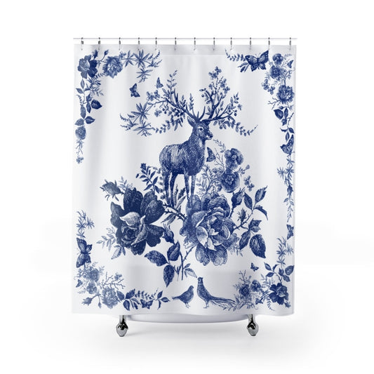 Blue Shower Curtain, Cottagecore Decor, Deer Shower Curtain, Forest Bathroom, Deer Art, Blue Bathroom, Chinoiserie, Blue White Bathroom