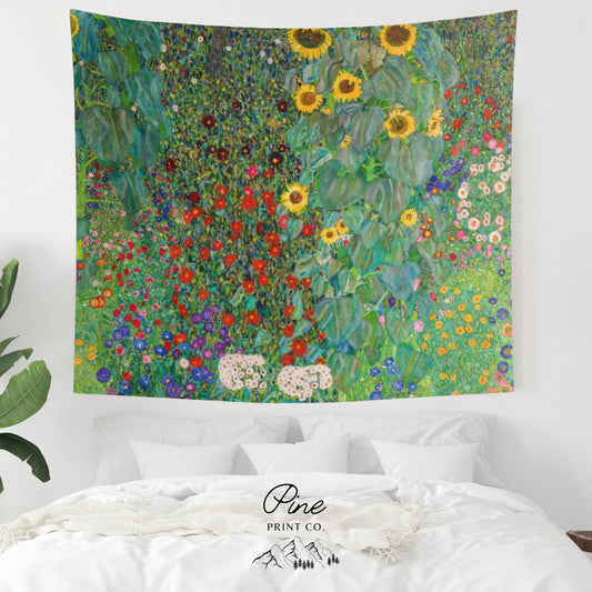 Gustav Klimt Sunflower Painting Green Botanical Vintage Nature Wall Tapestry