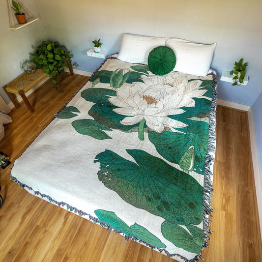 Japanese Blanket, Woven Blanket, Japanese Gift, Water Lily, Japanese Painting, Floral Blanket, Ohara Koson, Botanical Blanket, Boho Blanket