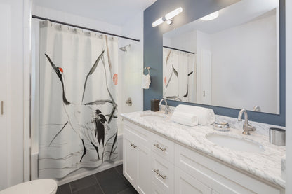 Crane Shower Curtain, White Shower Curtain, Japanese Bathroom, Bird Shower Curtain, Crane Art, Vintage Japan, Japanese Art, Asian Bathroom