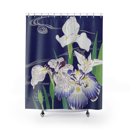Floral Shower Curtain, Japanese Curtain, Blue Shower Curtain, Vintage Bathroom, Asian Bathroom, Floral Decor, White Flower, Japanese Decor