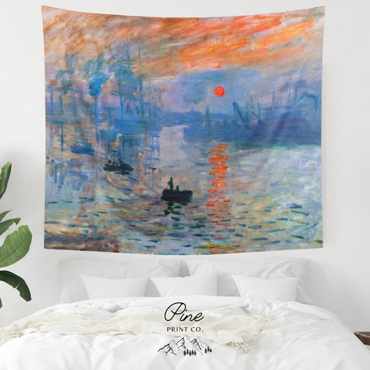 Claude Monet Ocean Sunset Boat Painting Orange Blue Wall Tapestry