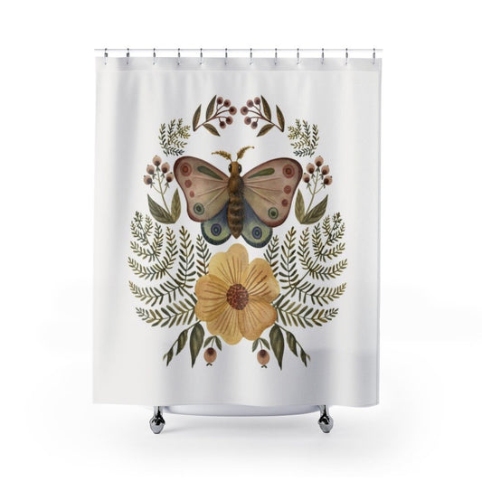 Moth Shower Curtain, Boho Shower Curtain, White Shower Curtain, Boho Bathroom, Botanical Decor, Plant Shower Curtain, Nature Decor