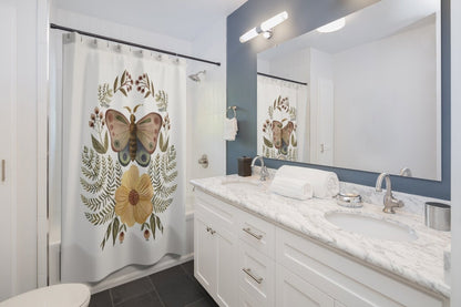 Moth Shower Curtain, Boho Shower Curtain, White Shower Curtain, Boho Bathroom, Botanical Decor, Plant Shower Curtain, Nature Decor