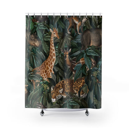 Jungle Shower Curtain, Giraffe Decor, Jungle Bathroom, Black Shower Curtain, Animal Bathroom, Jungle Home Decor, Hippo Decor