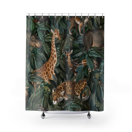 Jungle Shower Curtain, Giraffe Decor, Jungle Bathroom, Black Shower Curtain, Animal Bathroom, Jungle Home Decor, Hippo Decor