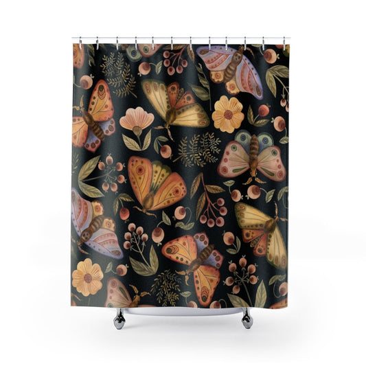 Moth Shower Curtain, Black Shower Curtain, Botanical Decor, Moth Decor, Moth Watercolor, Floral Watercolor, Plant Shower Curtain
