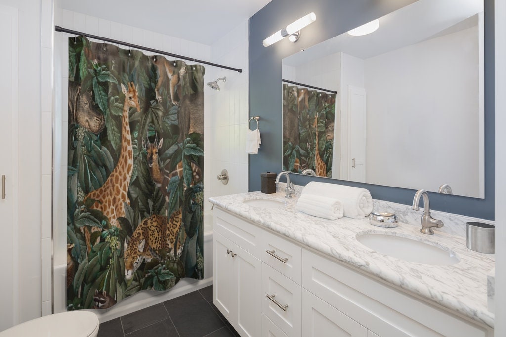 Jungle Shower Curtain, Giraffe Decor, Jungle Bathroom, Black Shower Curtain, Animal Bathroom, Jungle Home Decor, Hippo Decor