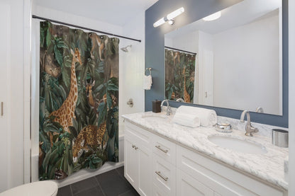 Jungle Shower Curtain, Giraffe Decor, Jungle Bathroom, Black Shower Curtain, Animal Bathroom, Jungle Home Decor, Hippo Decor