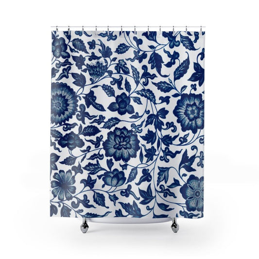 Blue Shower Curtain, Chinese Decor, Blue Flower, Chinese Ornament, Blue Bathroom Decor, Plant Shower Curtain, Vintage Bathroom, Blue Curtain