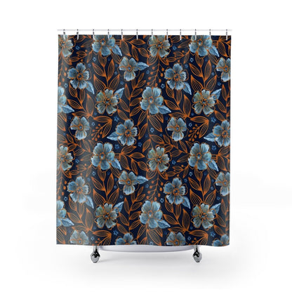 Blue Shower Curtain, Orange Flower, Blue Bathroom, Floral Shower Curtain, Nature Bathroom, Botanical Decor, Blue Flowers, Floral Bathroom