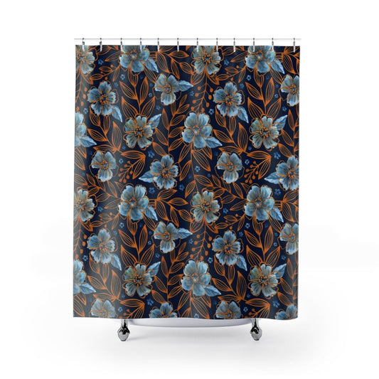 Blue Shower Curtain, Orange Flower, Blue Bathroom, Floral Shower Curtain, Nature Bathroom, Botanical Decor, Blue Flowers, Floral Bathroom