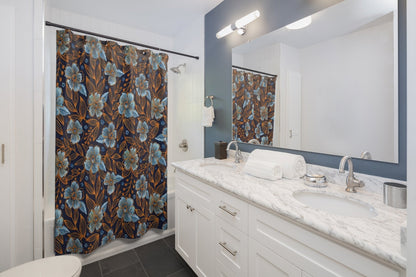 Blue Shower Curtain, Orange Flower, Blue Bathroom, Floral Shower Curtain, Nature Bathroom, Botanical Decor, Blue Flowers, Floral Bathroom