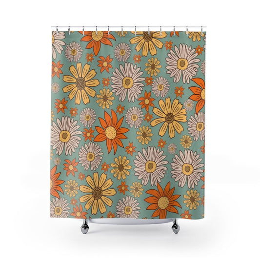 70s Shower Curtain, 70s Decor, Floral Shower Curtain, Floral Decor, 70s Flowers, Retro Shower Curtain, Blue Shower Curtain, Vintage Floral