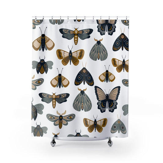 Moth Shower Curtain, White Shower Curtain, Nature Shower Curtain, Moth Decor, Cottagecore Decore, Moth Art, Plant Shower Curtain