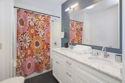 Floral Shower Curtain, Retro Shower Curtain, Pink Shower Curtain, Pink Orange Decor, 70s Shower Curtain, Retro Bathroom, Retro Floral Decor
