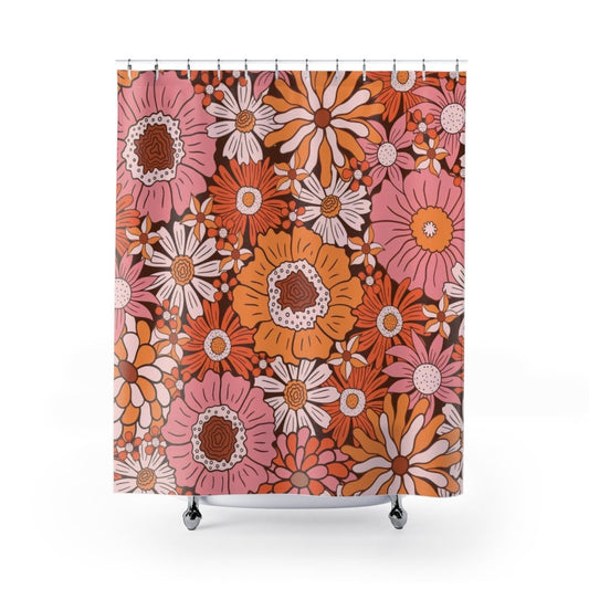 Floral Shower Curtain, Retro Shower Curtain, Pink Shower Curtain, Pink Orange Decor, 70s Shower Curtain, Retro Bathroom, Retro Floral Decor