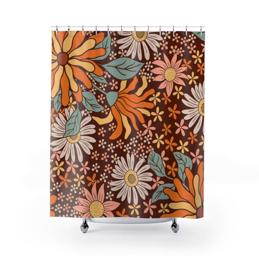 Floral Shower Curtain, Retro Shower Curtain, Brown Shower Curtain, Floral Decor, 70s Shower Curtain, Retro Bathroom, Retro Floral