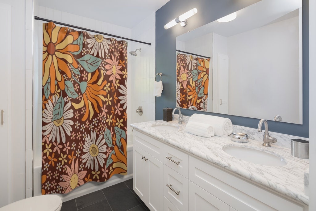 Floral Shower Curtain, Retro Shower Curtain, Brown Shower Curtain, Floral Decor, 70s Shower Curtain, Retro Bathroom, Retro Floral