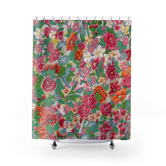 Floral Shower Curtain, Vintage Floral, Chinese Floral, Green Shower Curtain, Pink Shower Curtain, Boho Shower Curtain, Vintage Bathroom