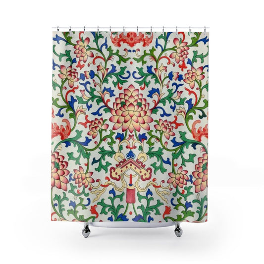 Chinese Decor, Chinese Shower Curtain, Vintage Floral, Chinese Floral, White Shower Curtain, Green Shower Curtain, Asian Decor, Asian Decor