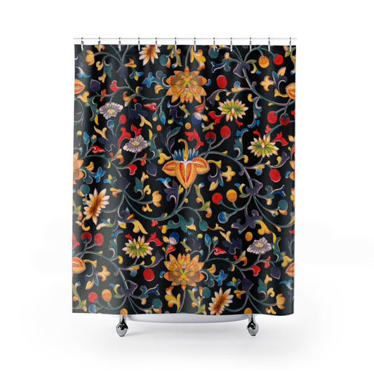 Black Shower Curtain, Floral Shower Curtain, Botanical Decor, Vintage Floral, Black Bathroom, Nature Bathroom, Black Curtain, Black Floral