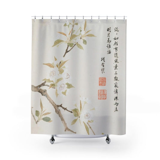 White Shower Curtain, Asian Shower Curtain, White Flowers, Asian Decor, Chinese Decor, White Bathroom, Botanical Decor, Chinese Bathroom