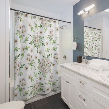 White Shower Curtain, Nature Shower Curtain, Flower Bathroom, Botanical Bathroom, Plant Shower Curtain, Boho Shower Curtain, White Bathroom