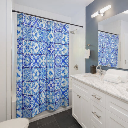Blue Shower Curtain, White Shower Curtain, Bird Shower Curtain, Blue Tile Decor, Blue Bathroom, Bird Bathroom, Blue White Decor
