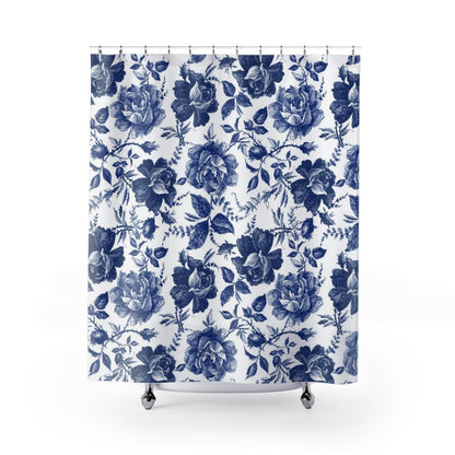 Blue Shower Curtain, Rose Shower Curtain, Blue White Curtain, Blue Floral, Botanical Bathroom, Blue Bathroom Decor, Floral Bathroom