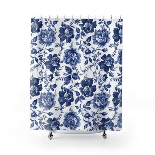 Blue Shower Curtain, Rose Shower Curtain, Blue White Curtain, Blue Floral, Botanical Bathroom, Blue Bathroom Decor, Floral Bathroom