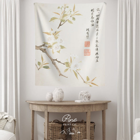 White Vintage Floral Asian Painting Wall Tapestry