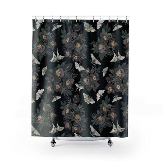 Black Shower Curtain, Moth Decor, Moth Shower Curtain, Nature Bathroom, Gothic Shower Curtain, Floral Shower Curtain, Gothic Bathroom