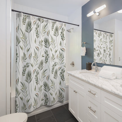 Plant Shower Curtain, Tropical Bathroom, Green Shower Curtain, White Shower Curtain, Nature Bathroom, Botanical Decor, Plant Watercolor