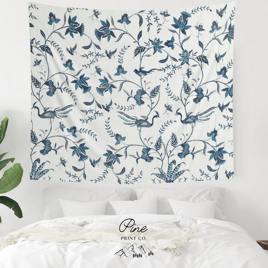 Blue White Indonesian Folk Vintage Fine Art Tapestry