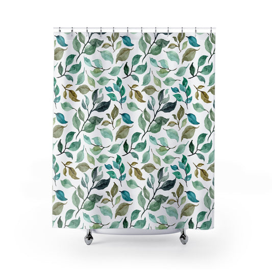 Green Shower Curtain, Botanical Bathroom, Plant Shower Curtain, Watercolor Plants, Nature Bathroom, Plant Pattern, Nature Shower