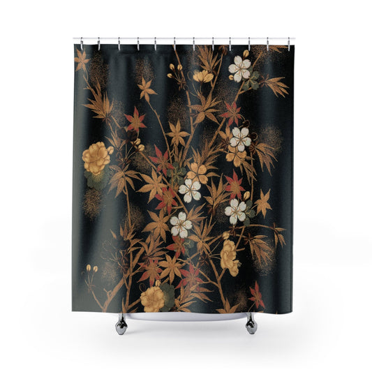 Black Shower Curtain, Black Floral, Botanical Shower Curtain, Vintage Shower Curtain, Floral Shower Curtain, Black Bathroom, Gold Bathroom
