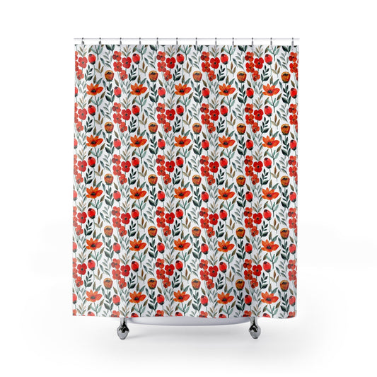 Red Shower Curtain, Plant Bathroom, Red Bathroom, Nature Decor, Botanical Decor, Green Home Decor, Boho Bathroom, Nature Bathroom