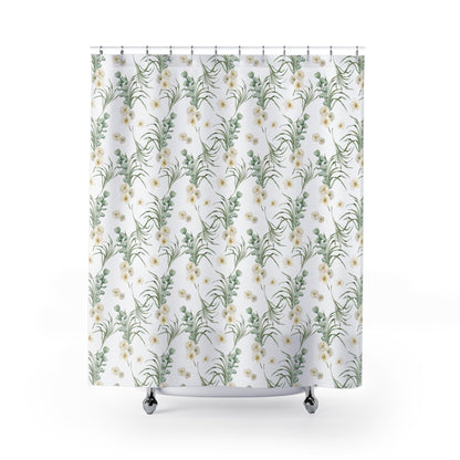 White Shower Curtain, Plant Bathroom, Green Bathroom, White Bathroom, Nature Curtain, Nature Decor, Botanical Decor, White Flowers