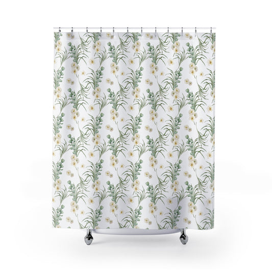 White Shower Curtain, Plant Bathroom, Green Bathroom, White Bathroom, Nature Curtain, Nature Decor, Botanical Decor, White Flowers